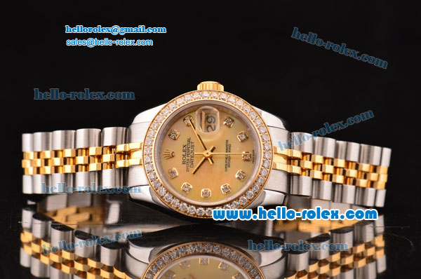 Rolex Datejust Lady 2813 Automatic Two Tone Case/Strap with Yellow MOP Dial and Diamond Bezel ETA Coating - Click Image to Close